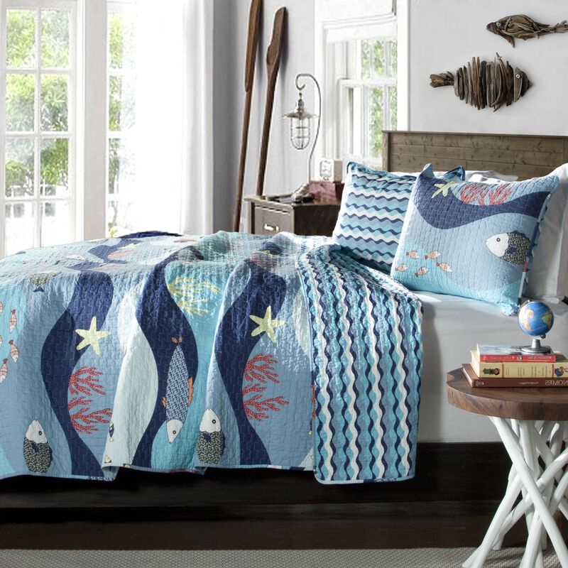 QuikFurn Twin Blue Serenity Sea Fish Coral Coverlet Quilt Bedspread Set