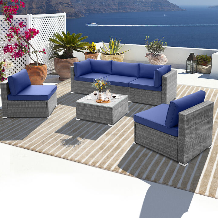 6 Piece Patio Conversation Sofa Set with Tempered Glass Coffee Table-Navy