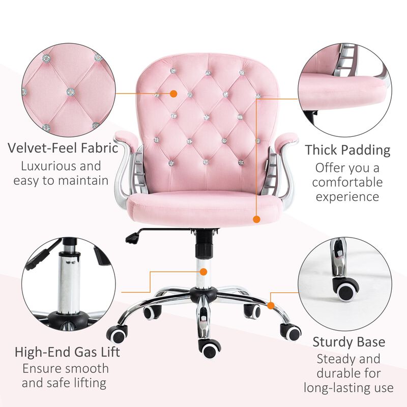 Pink velvet home office chair with padded armrests, adjustable height, and swivel wheels.