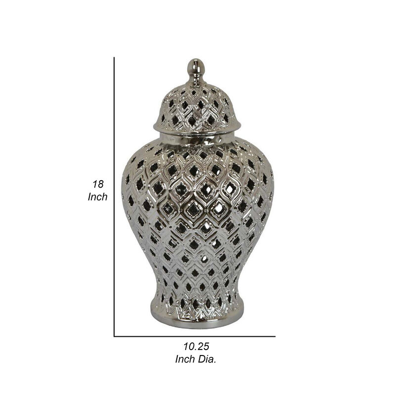 Deni 18 Inch Temple Jar, Pierced, Carved Lattice Design, Lid, Silver - Benzara