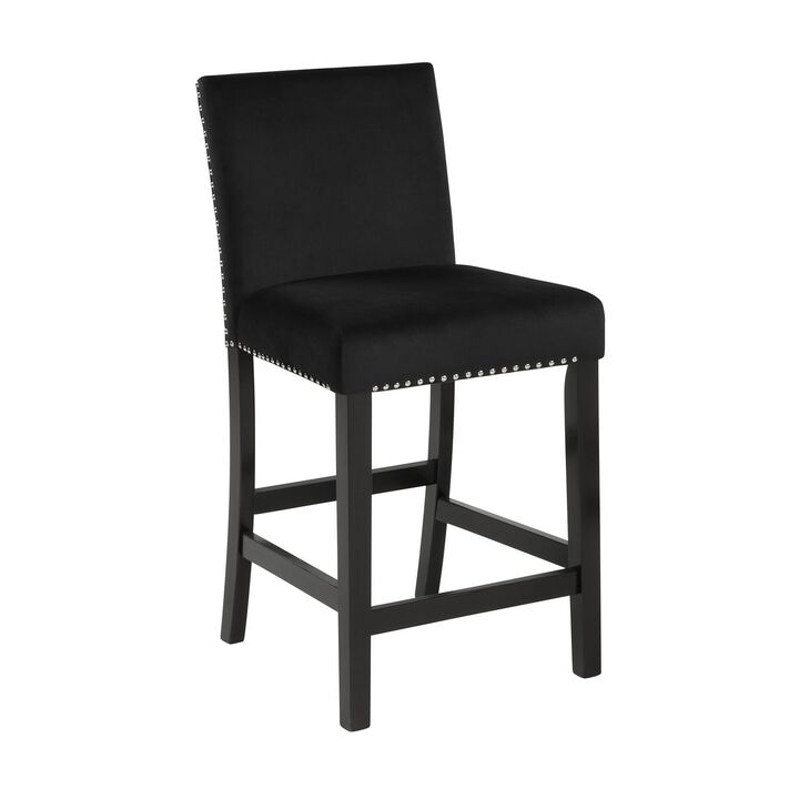 Jordan 24 Inch Counter Side Chair Set of 2, Velvet Upholstery, Wood, Black - Benzara