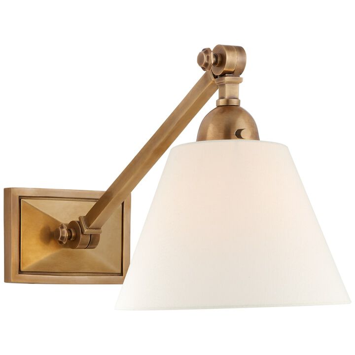 Jane Single Library Wall Light in Hand-Rubbed Antique Brass with Linen Shade