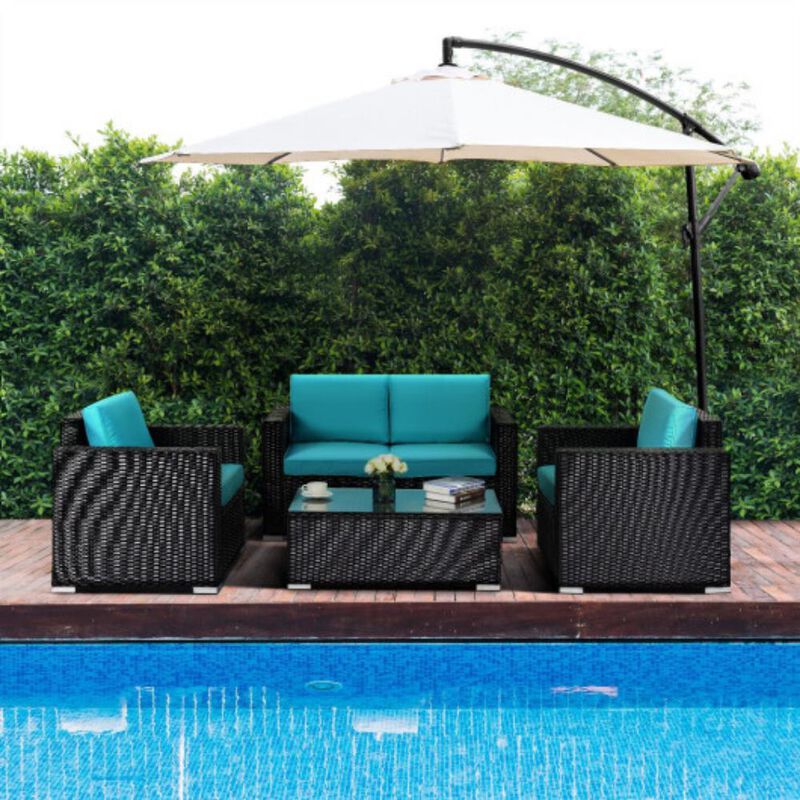 4PC Rattan Patio Furniture Set Outdoor Wicker With Blue Cushion-Blue