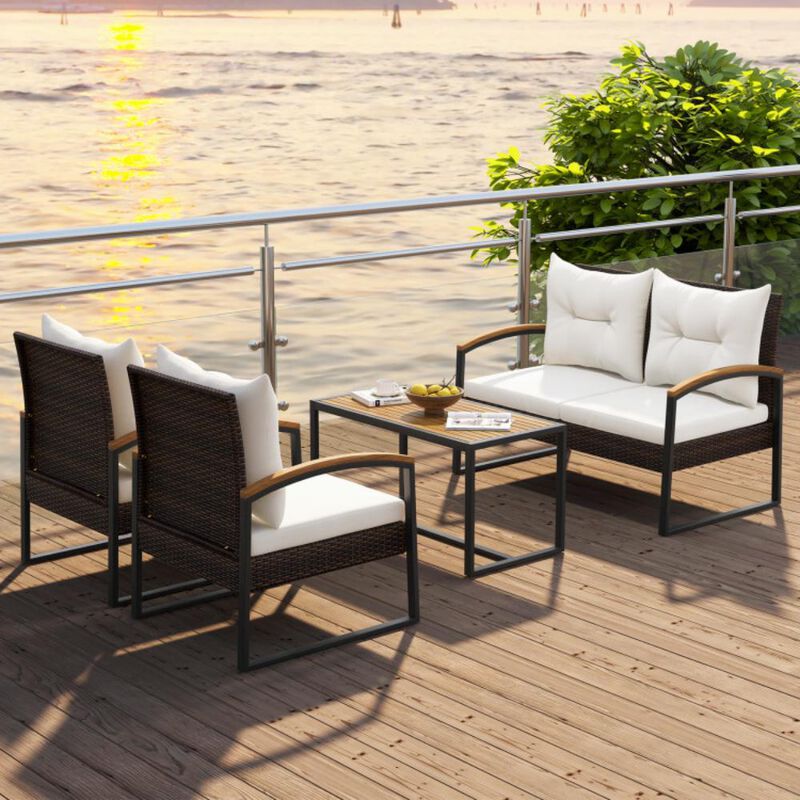 Hivvago 4 Pieces Patio Conversation Set with Acacia Wood Armrests and Tabletop and Cushions