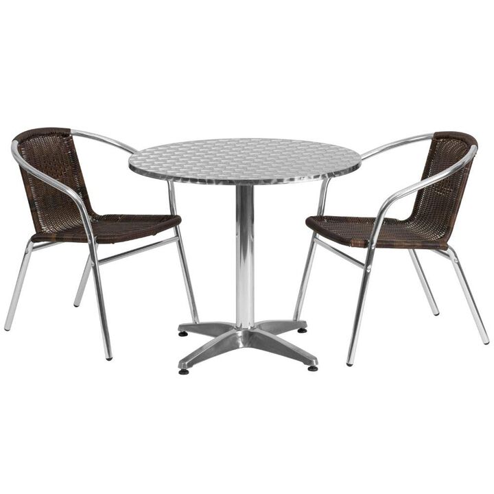 Flash Furniture Lila 31.5'' Round Aluminum Indoor-Outdoor Table Set with 2 Dark Brown Rattan Chairs