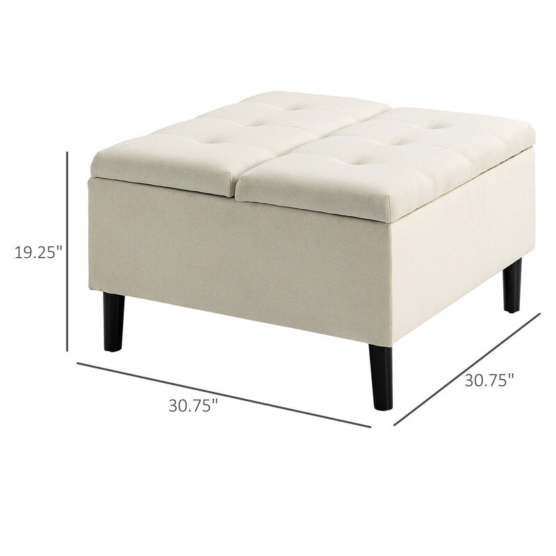 HOMCOM 30" Square Storage Ottoman, Upholstered Ottoman Coffee Table with Lift Top, Button Tufted and Wood Legs, Accent Footstool for Living Room, Cream White