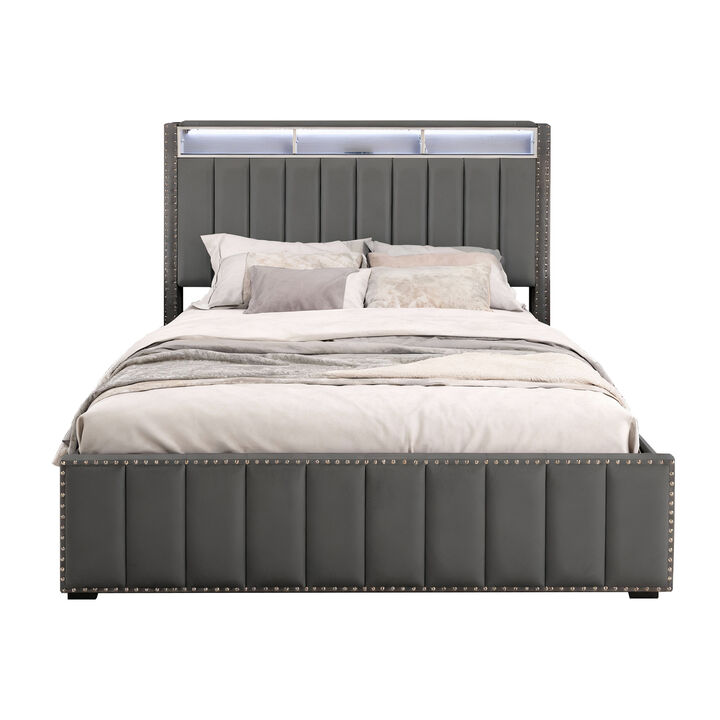 Queen Upholstered LED Contemporary Bed Frame with Touch-Sensitive Light Strip, 3 Adjustable Brightness Levels, Velvet Platform Bed, No Box Spring Needed