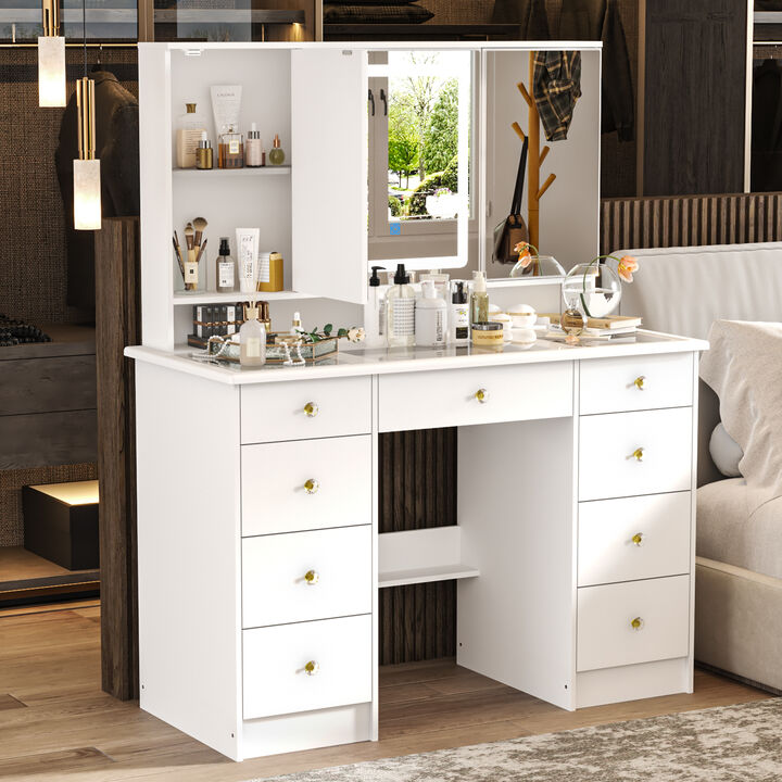 White Makeup Vanity Desk 9 Drawers Wood Dressing Table With 3 Mirrors, Glass Top, Hidden Storage Shelves, LED Lighted