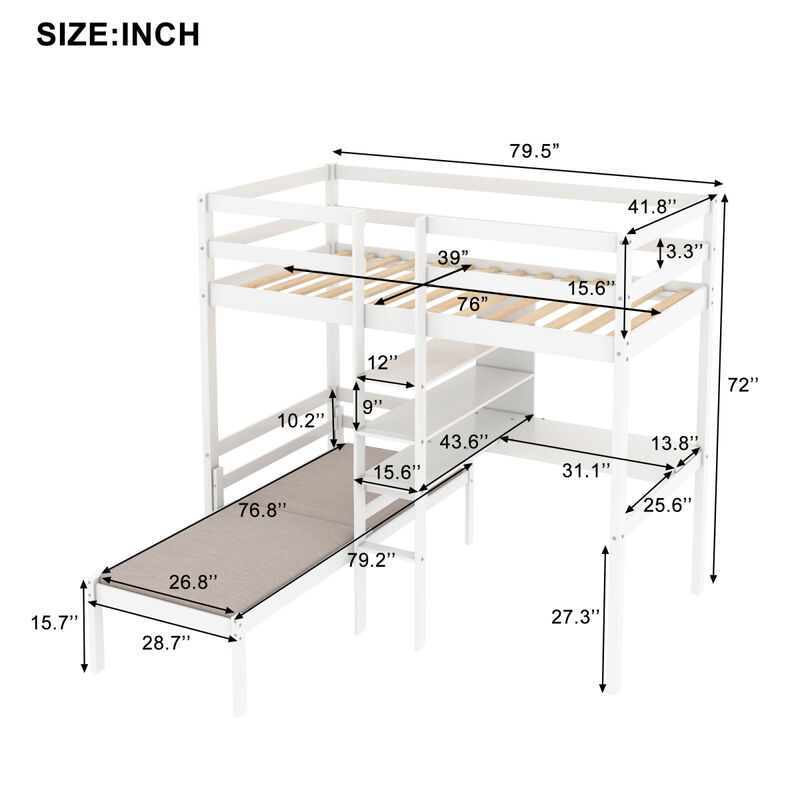 Convertible Loft Bed with L-SHAPED Desk, Twin Bunk Bed with Shelves and Ladder, White
