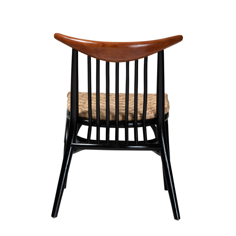 bali & pari Parthenia Mid-Century Modern Two-Tone Black and Walnut Brown Finished Mahogany Wood and Natural Rattan Dining Chair