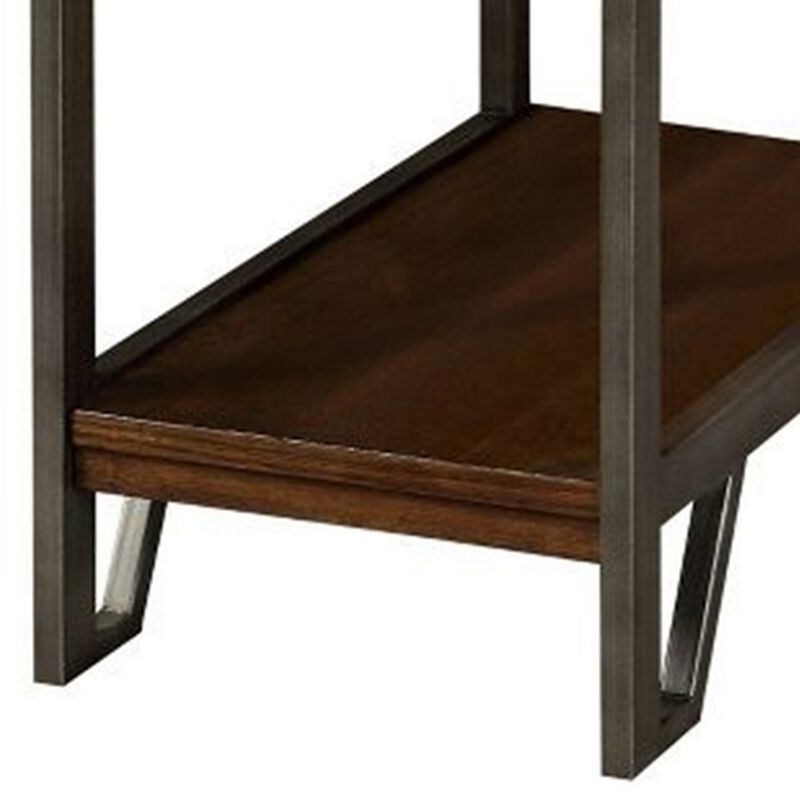 Rectangular Wood and Metal Side Table with USB Outlet, Brown and Gray-Benzara