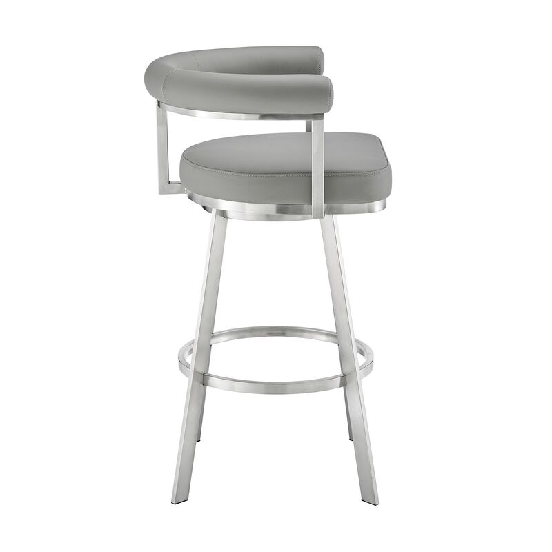 Gini 26 Inch Swivel Counter Stool, Round Back, Chrome, Gray Faux Leather - Benzara