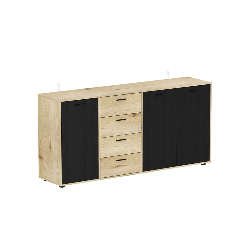 Burly Wood Color and Black 32.6 in. H Rectangle Wooden Storage Cabinet, Sideboard, Dresser with 4-Drawer and 4-Shelf