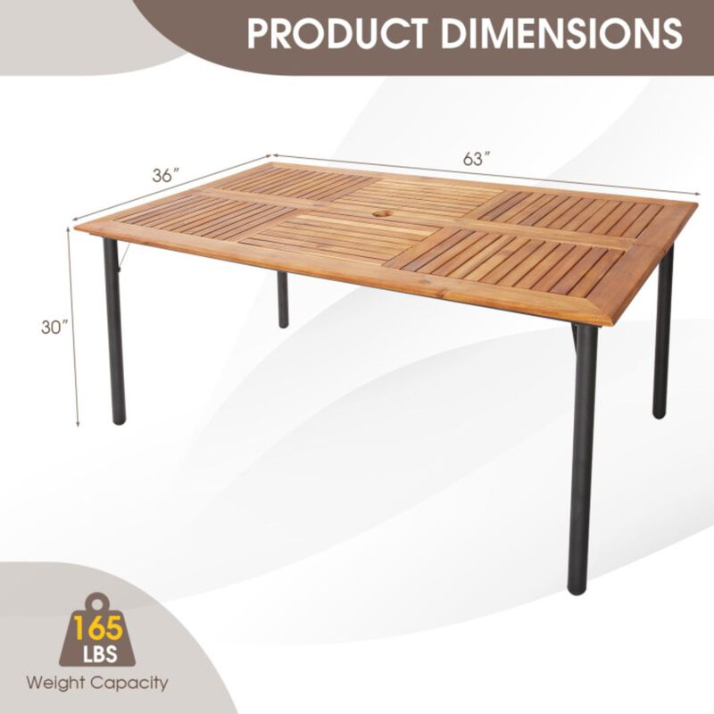 Hivvago Patio Acacia Wood Dining Table with Umbrella Hole and Metal Legs