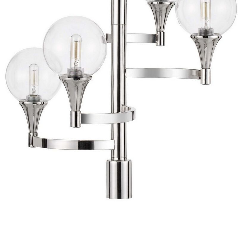 Chandelier with 4 Globe Glass Shades and Cone Design Holders, Chrome-Benzara