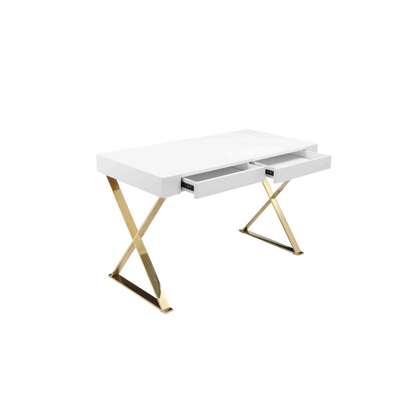 Rix 47 Inch Office Desk, 2 Drawers, Gold Metal Base, Rectangular, White - Benzara