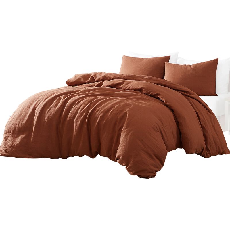 Edge 4 Piece Queen Size Duvet Comforter Set, Washed Linen, Rust Orange - Benzara