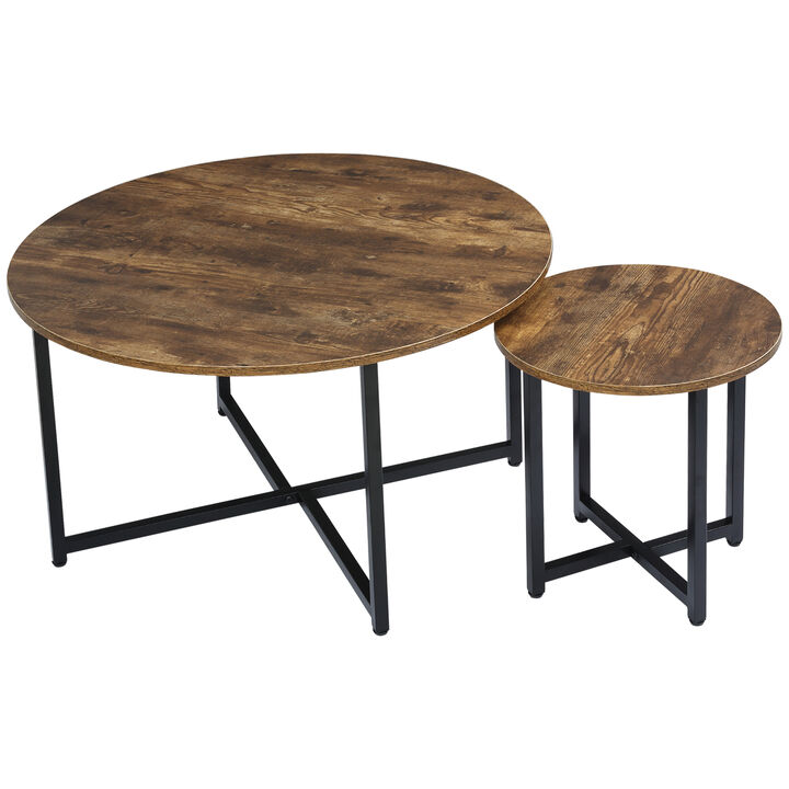 HOMCOM Round Coffee Table Set of 2, Industrial Living Room Tables with Metal Frame, Circle Coffee Tables for Living Room, Rustic Brown