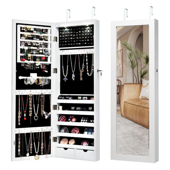 Hivvago Lockable Wall Mount Mirrored Jewelry Cabinet with LED Lights