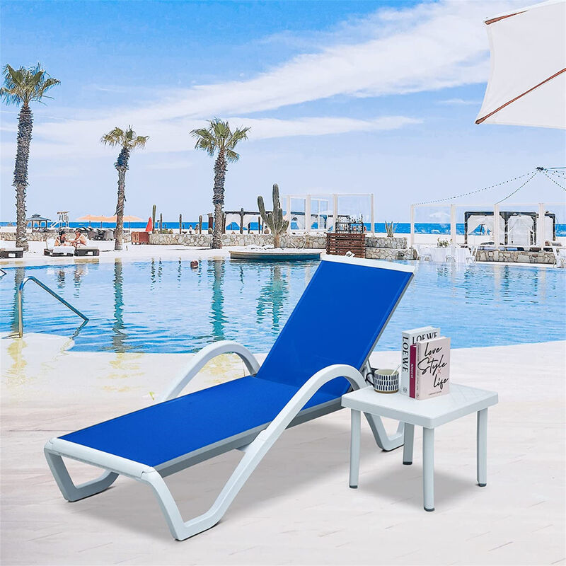 Patio Chaise Lounge Adjustable Aluminum Pool Lounge Chairs with Arm All Weather Pool Chairs for Outside, in-Pool, Lawn (Blue, 1 Lounge Chair+1 Plastic Table)