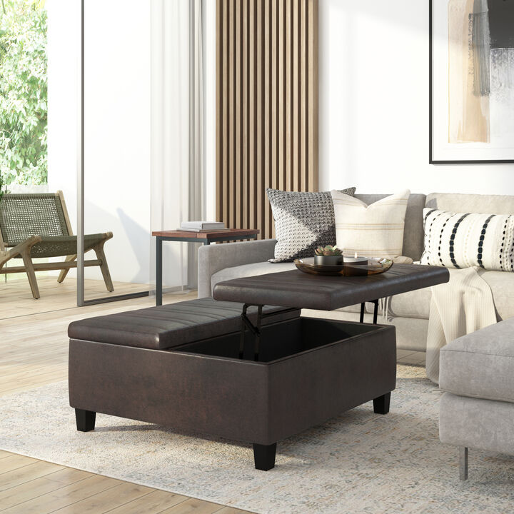 Ellis 36 inch Wide Contemporary Square Coffee Table Storage Ottoman in Distressed Brown Vegan Faux Leather, Assembled