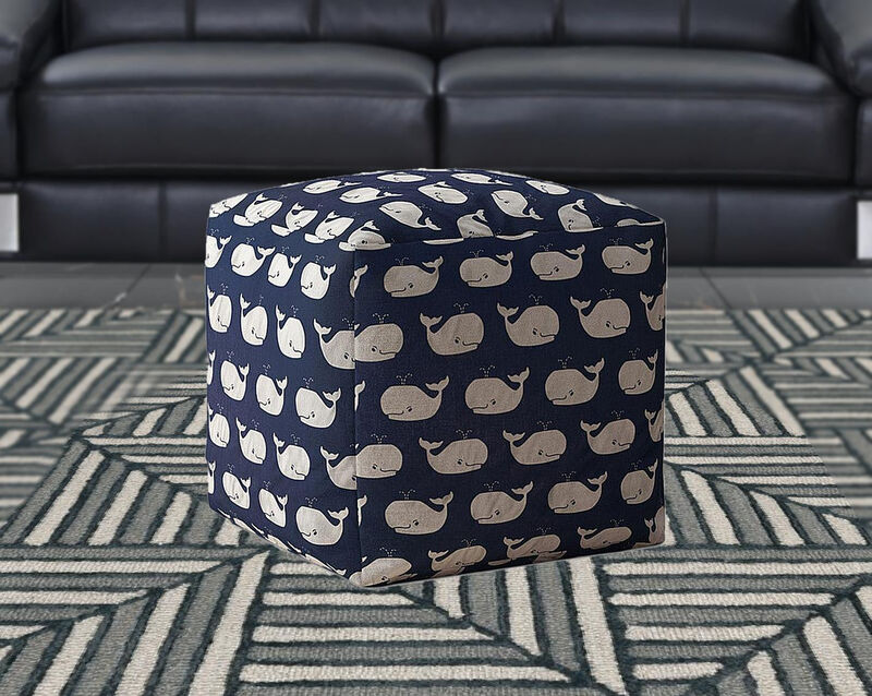 Homezia 17" Blue And Grey Twill Animal Print Pouf Ottoman