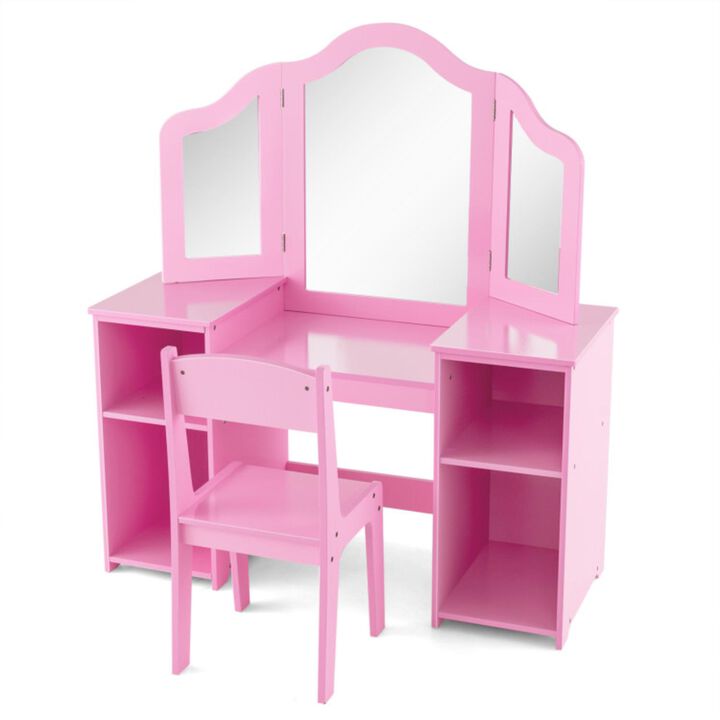 Hivvago Kids Vanity Table and Chair Set with Removable Tri-Folding Mirror