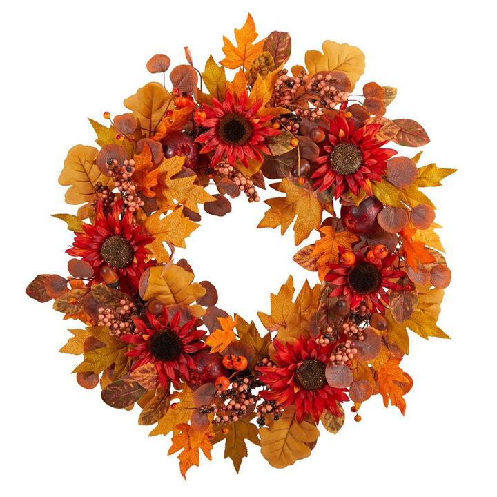 Nearly Natural 30-in Fall Acorn, Sunflower, Berries and Autumn Foliage Artificial Wreath