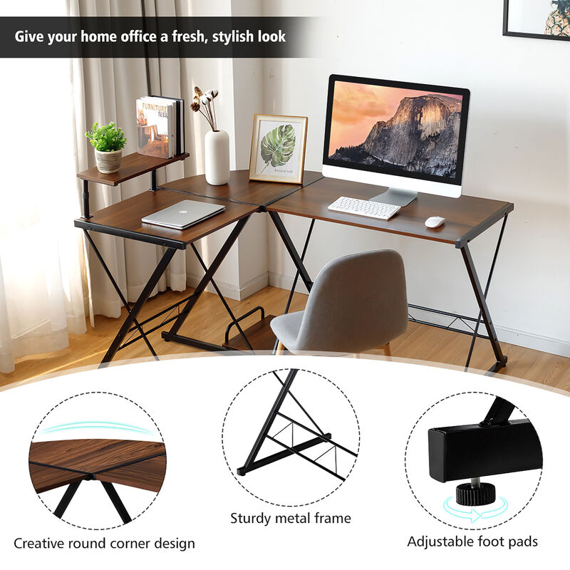 Costway 58'' x 44'' L-Shaped Computer Gaming Desk w/ Monitor Stand & Host Tray Home Office Antique