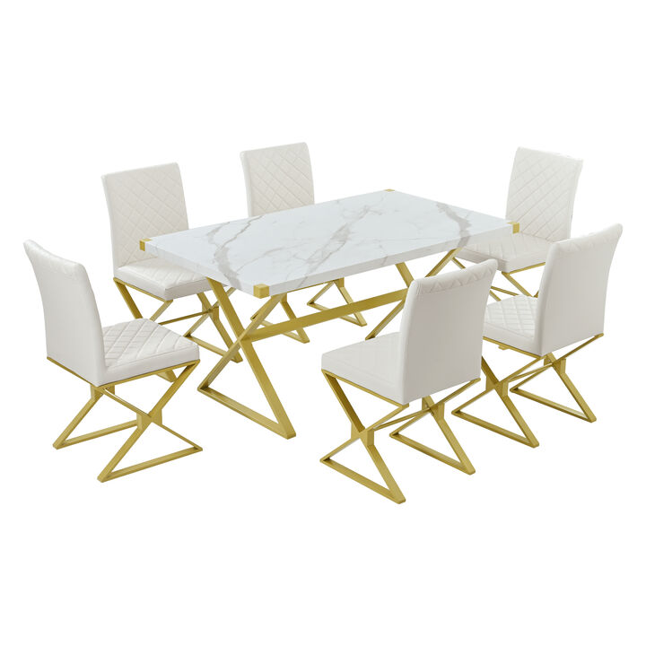 7-Piece Modern Dining Table Set, Rectangular Marble Texture Kitchen Table and 6 PU leather Chairs with X-Shaped Gold Steel Pipe Legs for Dining Room (White)