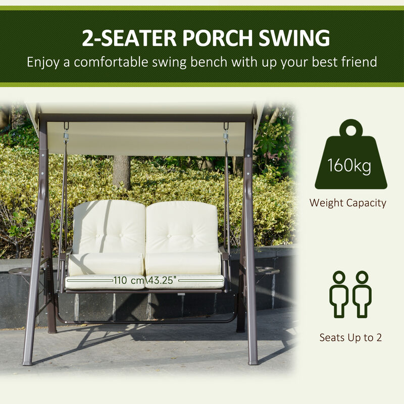 Outsunny 2-Person Patio Swing Bench with Adjustable Shade Canopy, Soft Cushions, Throw Pillows and Tray, Beige.