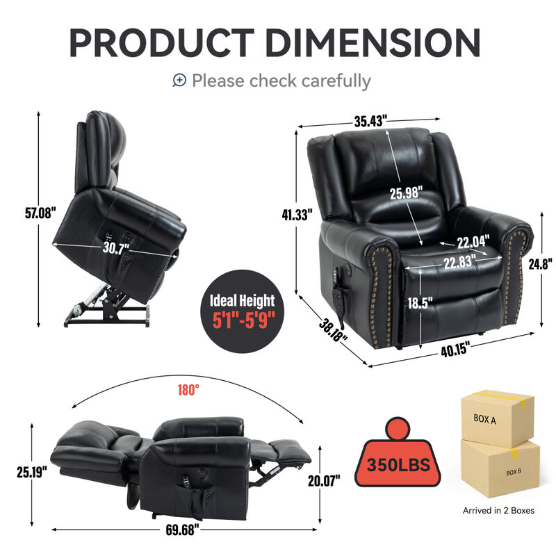 Black Leather Power Lift Recliner with Heat Massage