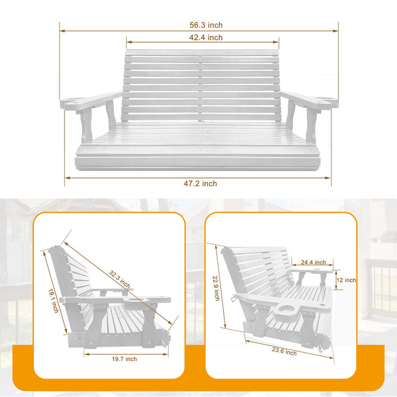 Wooden Porch Swing 2-Seater, Bench Swing with Cupholders, Hanging Chains and 7mm Springs, Heavy Duty 800 LBS, for Outdoor Patio Garden Yard (White)