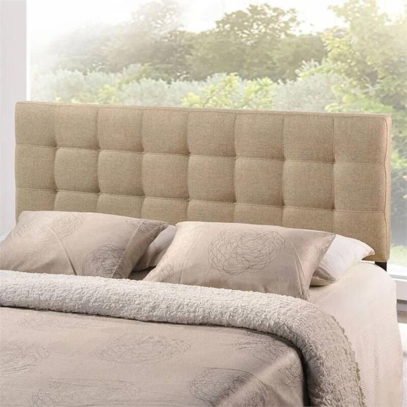 Modern Beige Tan Taupe Fabric Tufted Upholstered Headboard