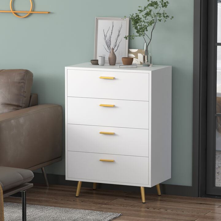 4-Drawers White Wood Chest of Drawer Accent Storage Cabinet Organizer with Metal Leg 37.5 in. Height