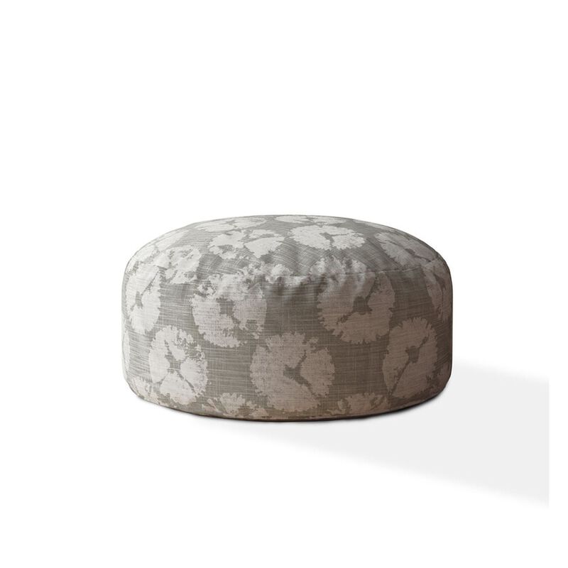 Homezia 24" Grey Canvas Round Floral Pouf Ottoman