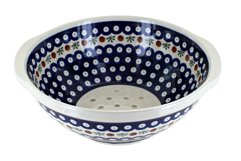 Blue Rose Polish Pottery Flowering Peacock Colander