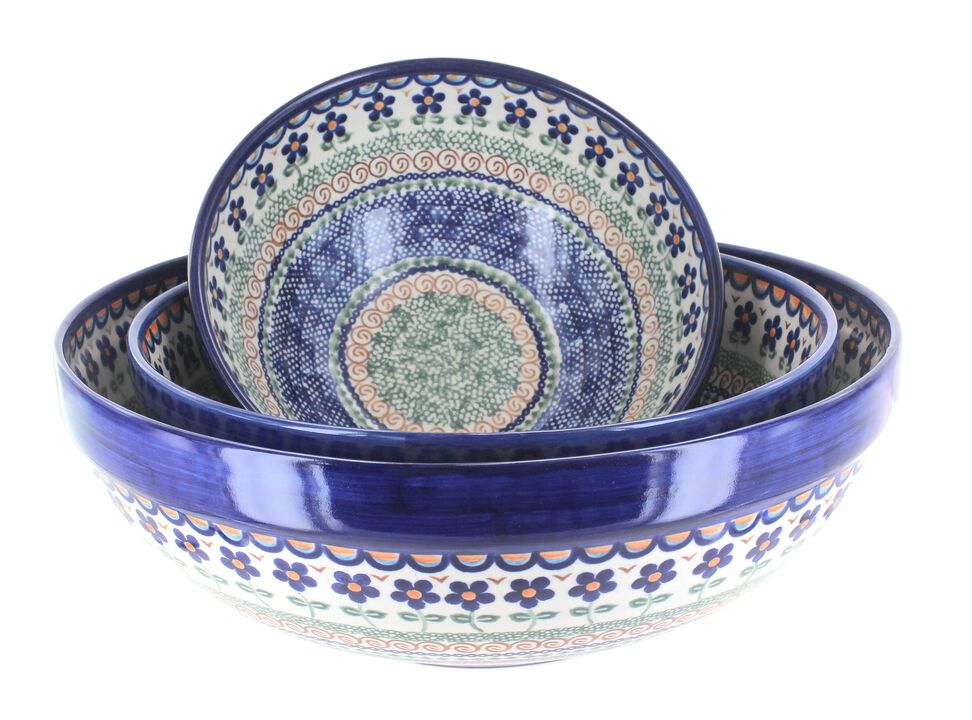 Blue Rose Polish Pottery Garden Butterfly 3 Piece Serving Bowl Set