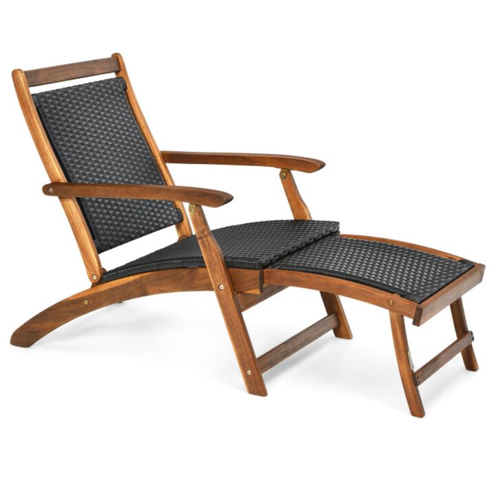 Hivvago Patio Rattan Folding Lounge Chair with Acacia Wooden Frame Retractable Footrest