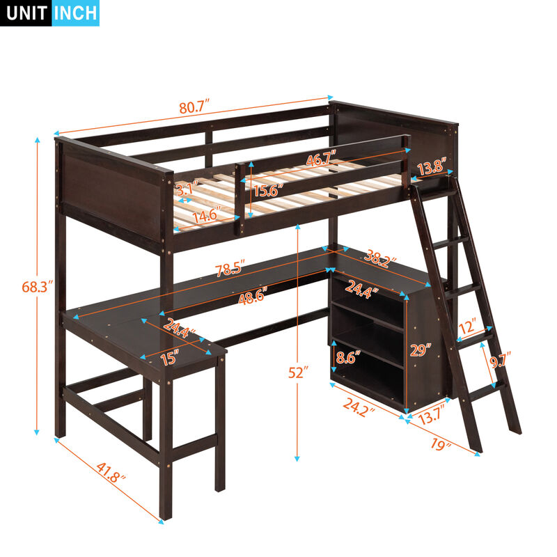 Twin Size Loft Bed With Shelves And Desk, Wooden Loft Bed With Desk