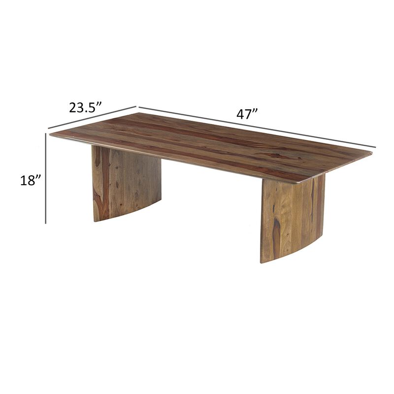 Dice 47 Inch Coffee Table, Rectangular Top, Dual Base, Brown Sheesham Wood - Benzara