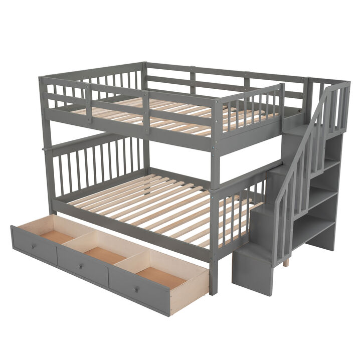 Stairway Full-Over-Full Bunk Bed With Drawer, Storage And Guard Rail For Bedroom