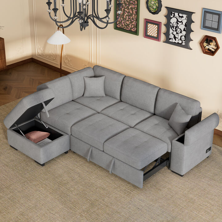 Sleeper Sectional Sofa, L-Shaped Corner Couch Sofa-Bed with Storage Ottoman & Hidden Arm Storage & USB Charge for Living Room Apartment, Gray