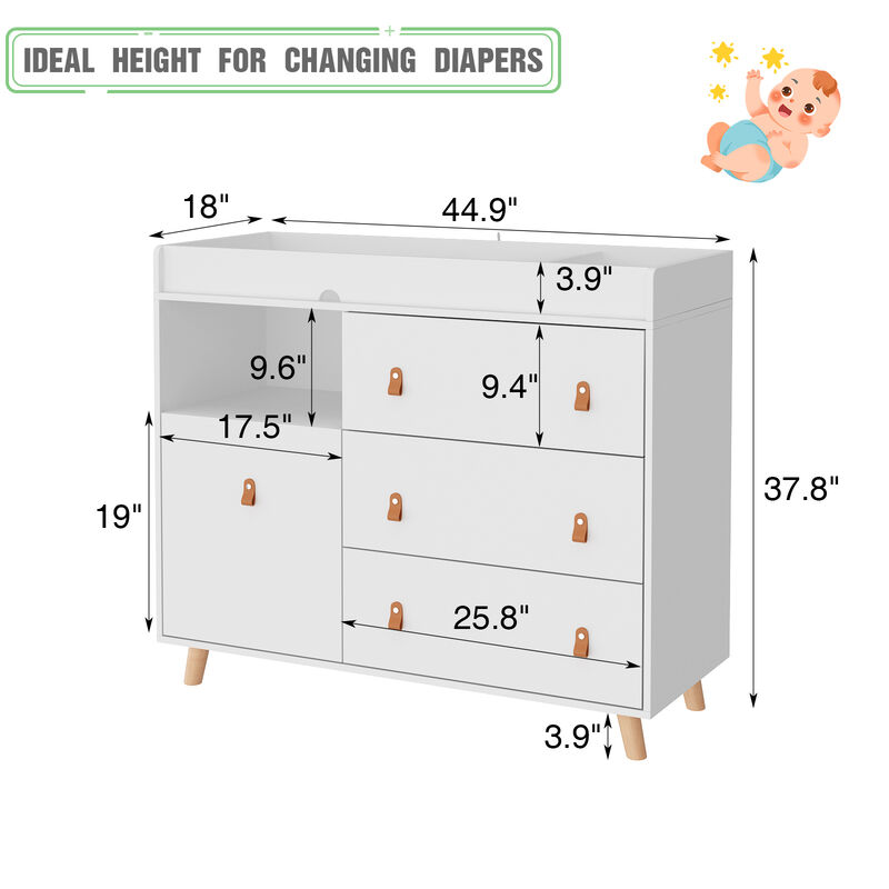 4-Drawer White Wood 44.9 in. W Kids Low Dresser Storage Organizer Cabinet With Changing Table Open Shelf