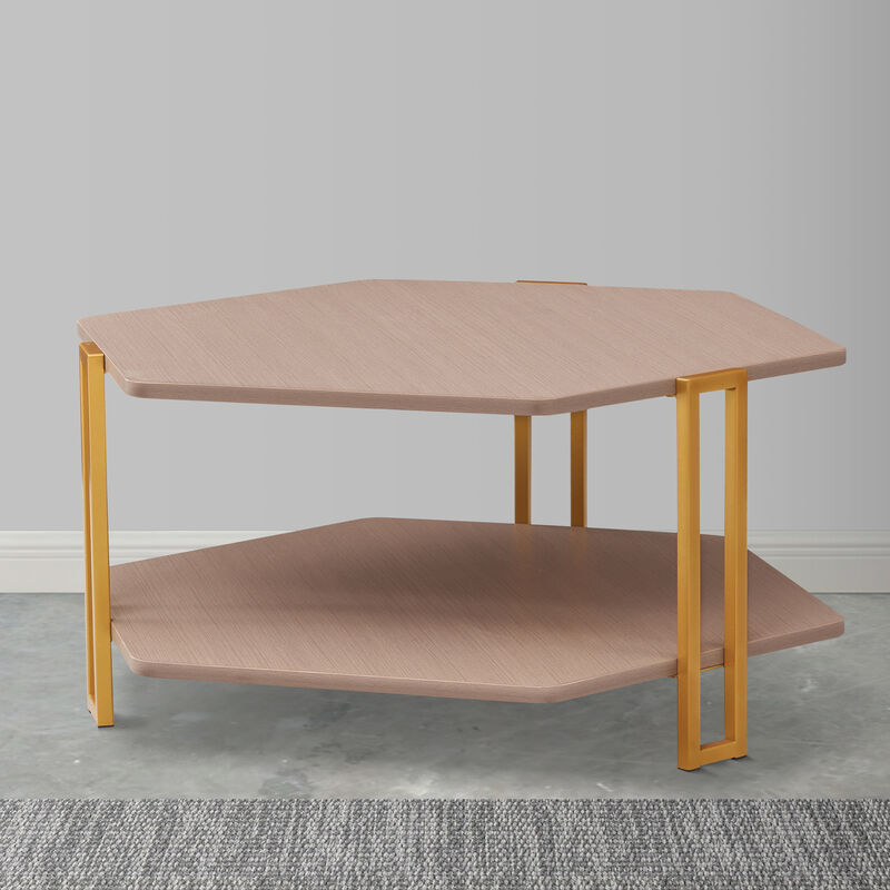 36 Inch Hexagonal Modern Coffee Table, Wood Top and Shelf, Gold Metal Legs-Benzara