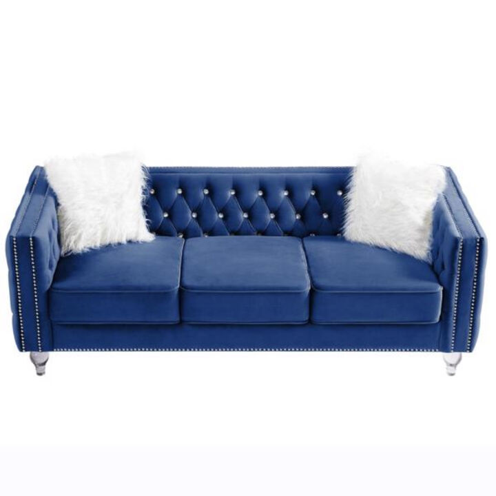 Velvet Sofa, Crystal Buckle Upholstery with Crystal Feet & Plush Pillows For Living Room