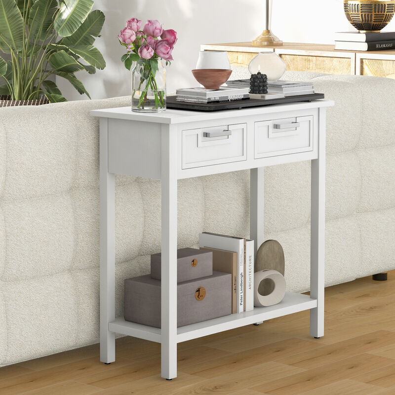 Narrow Console Table with Drawers and Open Storage Shelf