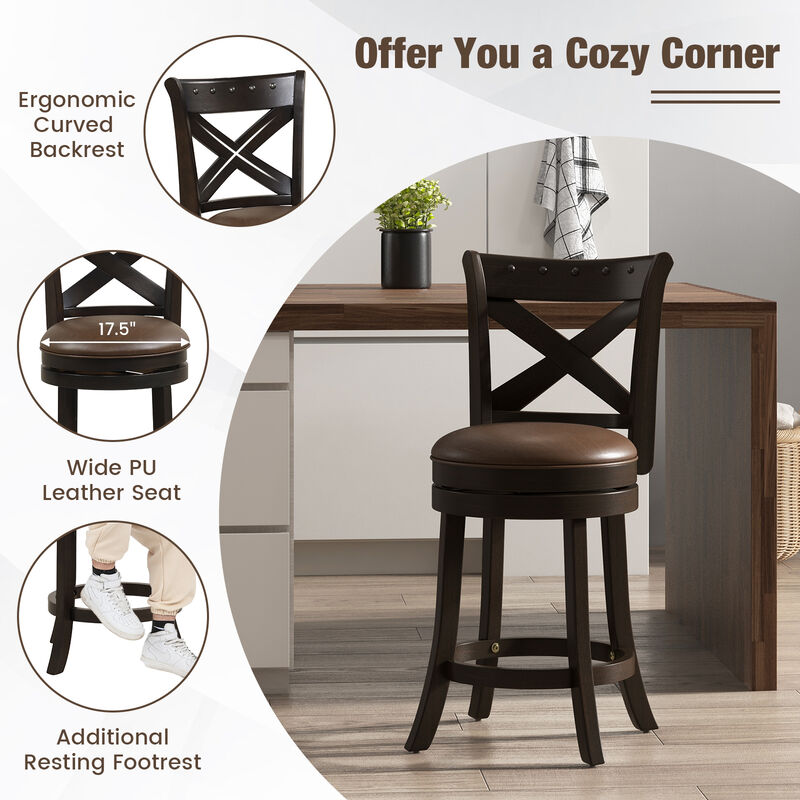 Swivel Bar Stool with Curved Backrest PU Leather Seat and Footrest