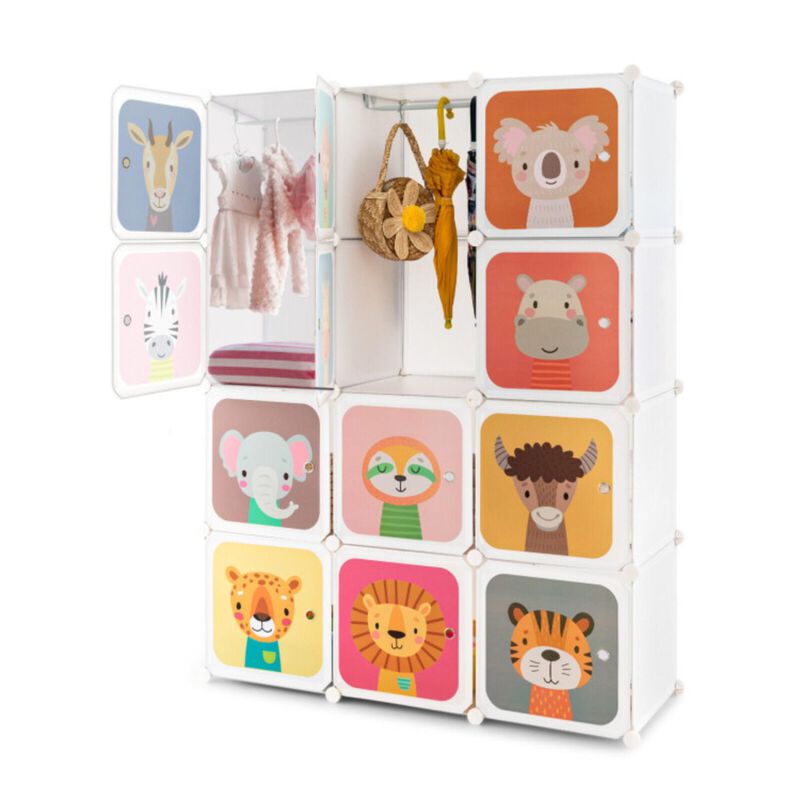 Hivvago 12 Cube Kids Wardrobe Closet with Hanging Section and Doors