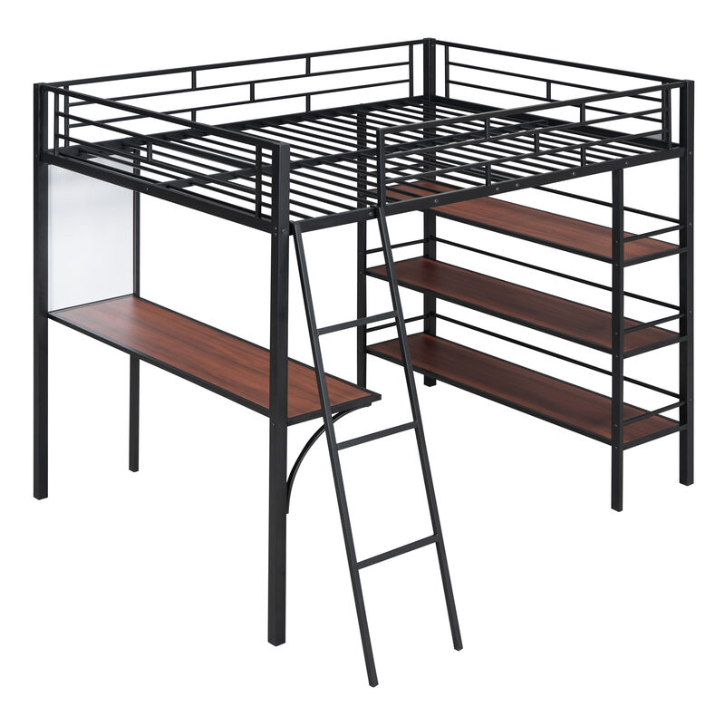 Merax Metal Loft  Bed with  Desk and 3 Layers of Shelves